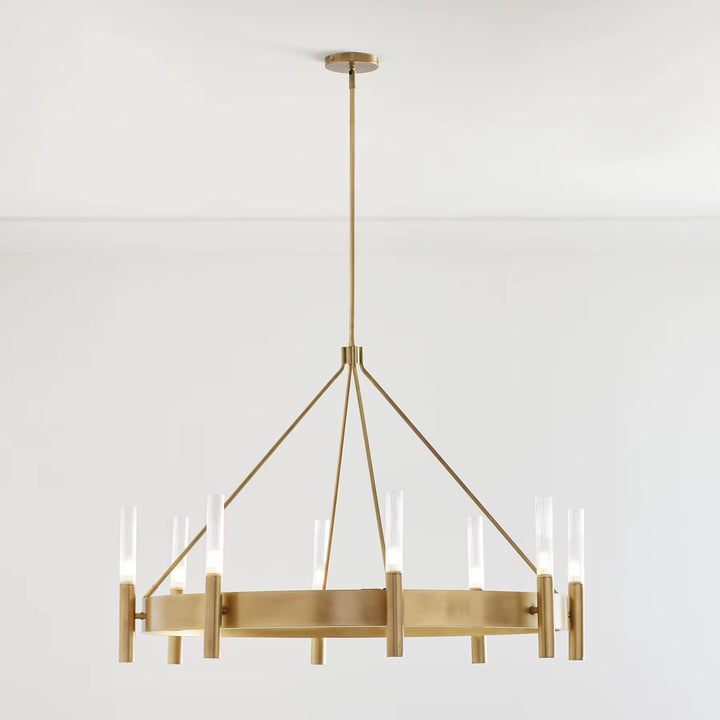 Modern Brass Ring Chandelier with Ribbed Glass Lights