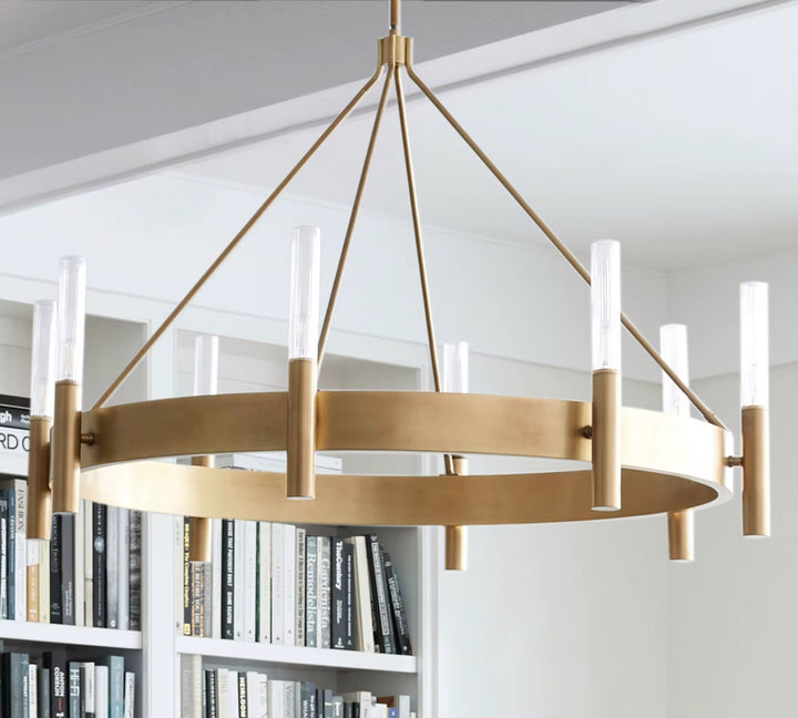 Modern Brass Ring Chandelier with Ribbed Glass Lights