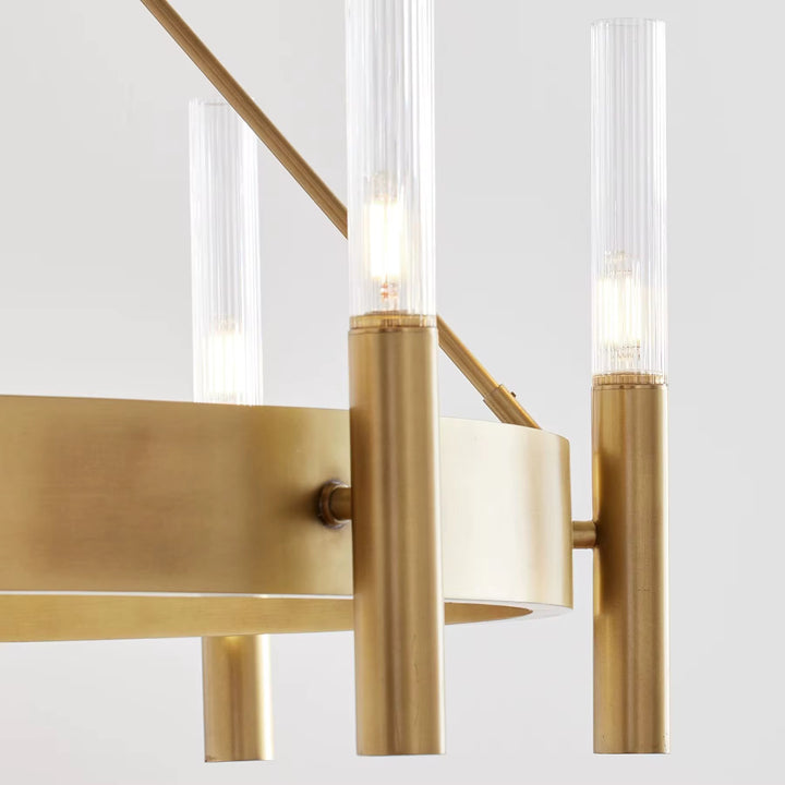 Modern Brass Ring Chandelier with Ribbed Glass Lights