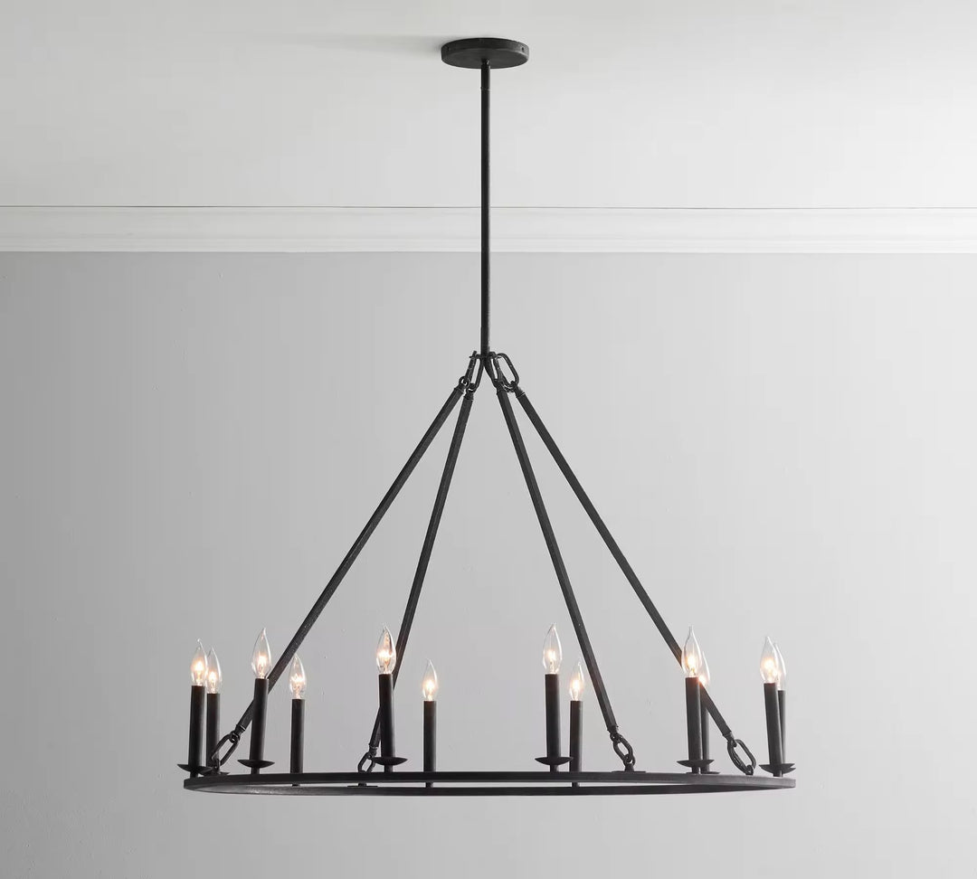 Industrial 9-light black metal ring chandelier with exposed candle-style bulbs