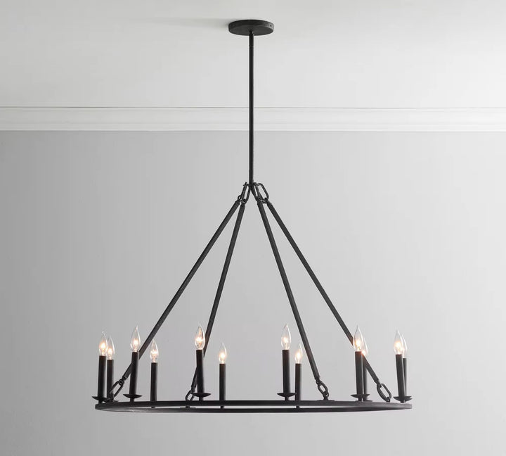 Industrial 9-light black metal ring chandelier with exposed candle-style bulbs