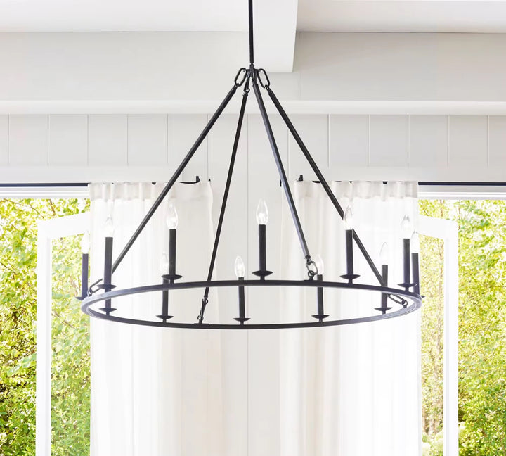 Industrial 9-Light Black Metal Ring Chandelier