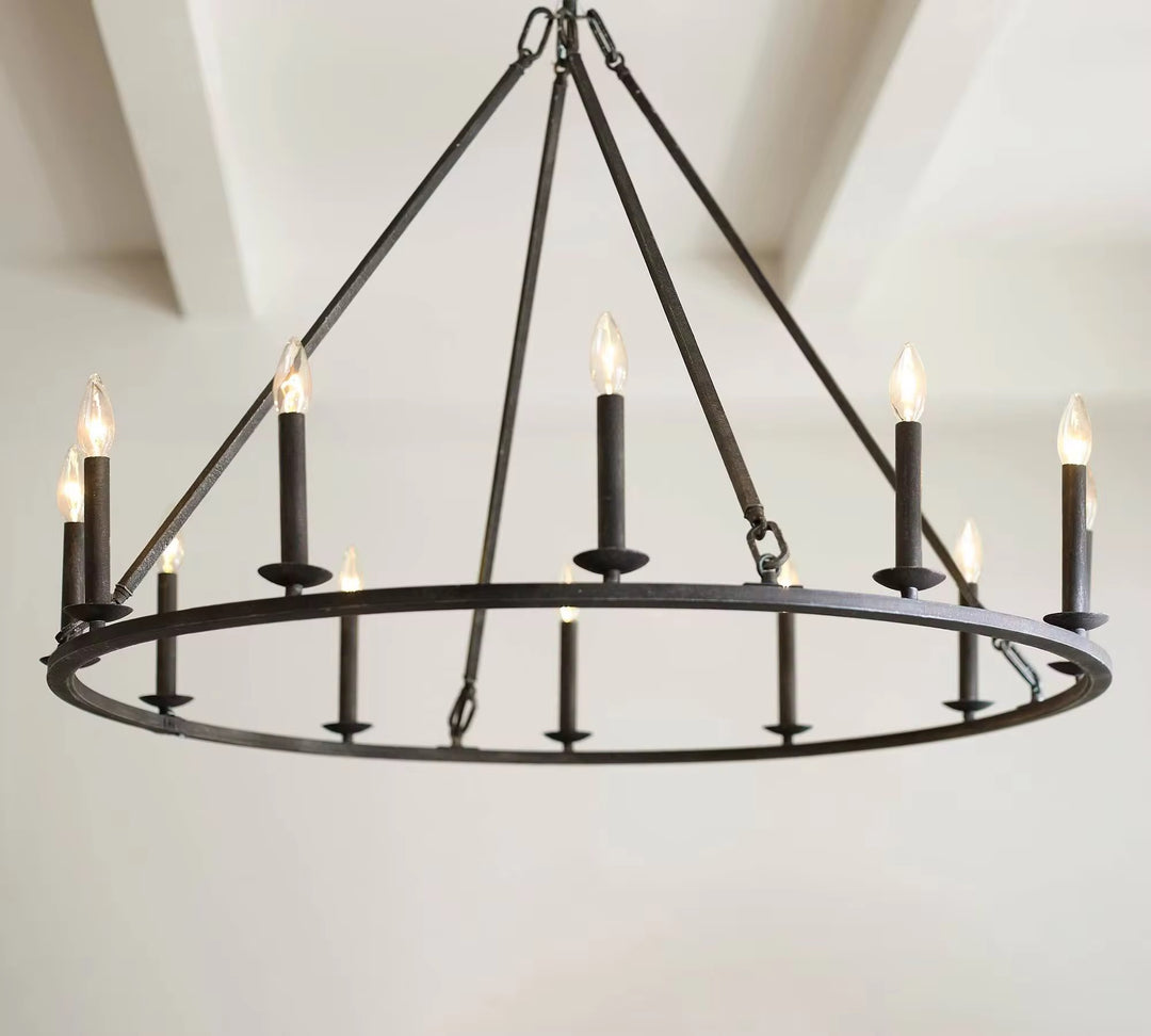 Industrial 9-Light Black Metal Ring Chandelier
