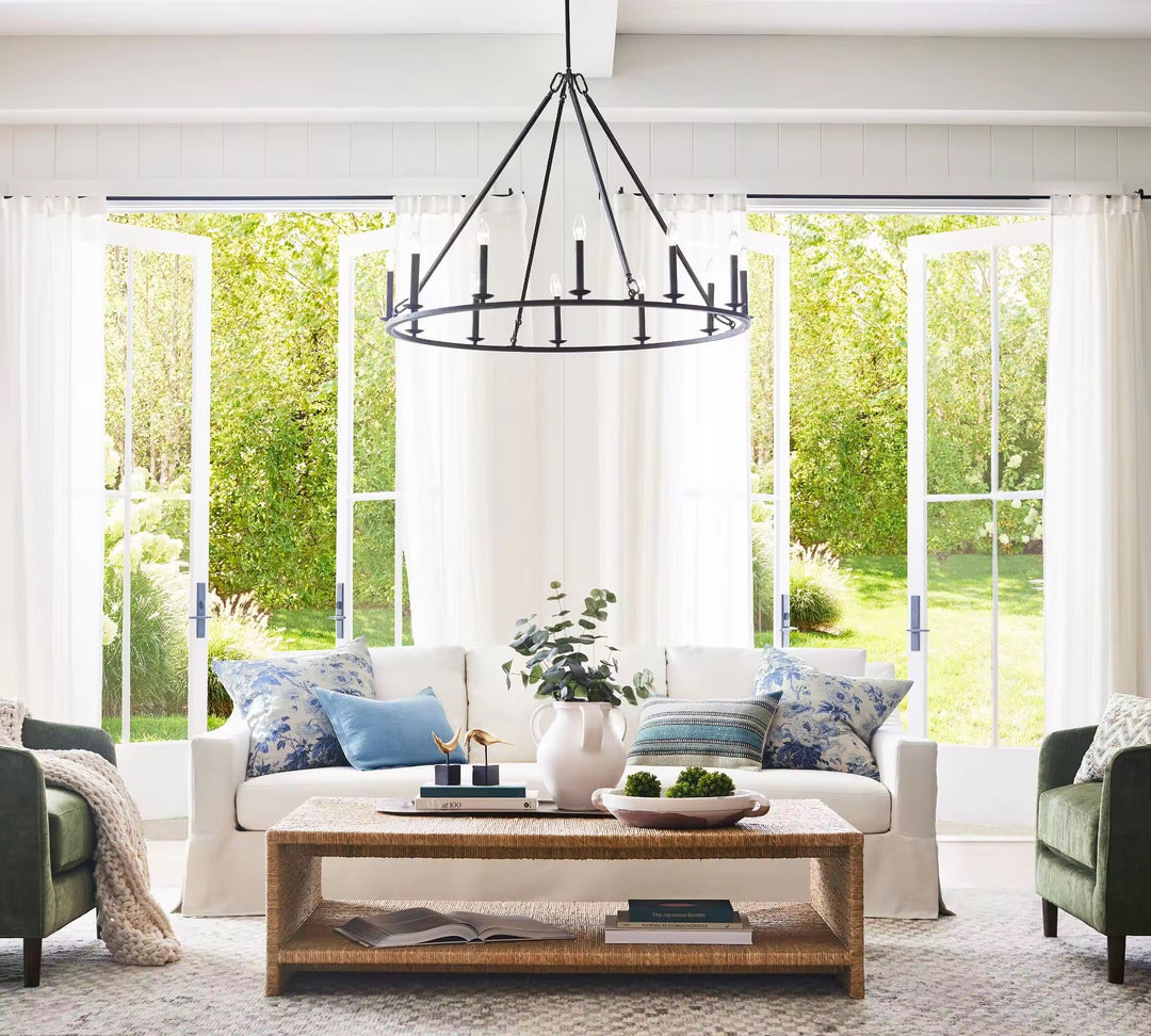 Industrial 9-Light Black Metal Ring Chandelier
