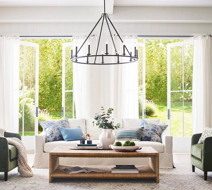 Industrial 9-Light Black Metal Ring Chandelier