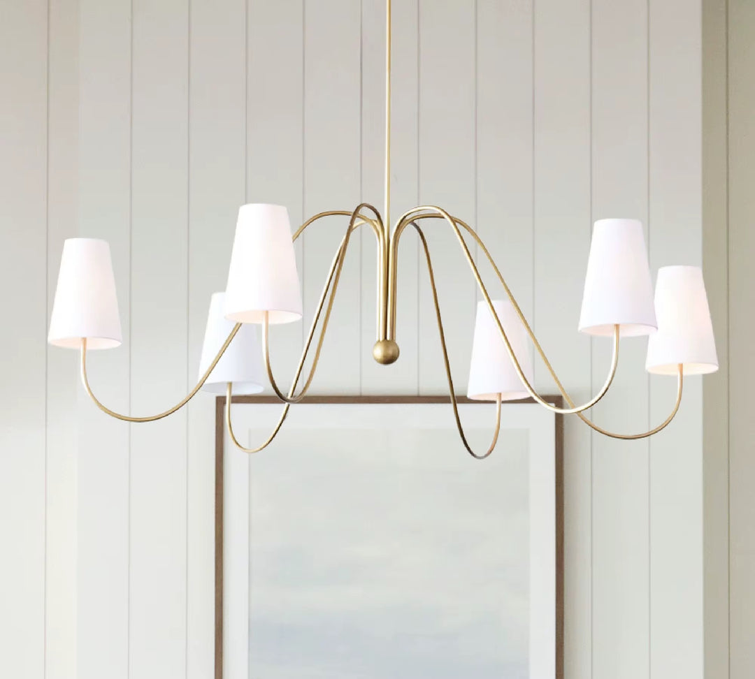 Modern Gold 6-Light Ribbon Chandelier with White Shades