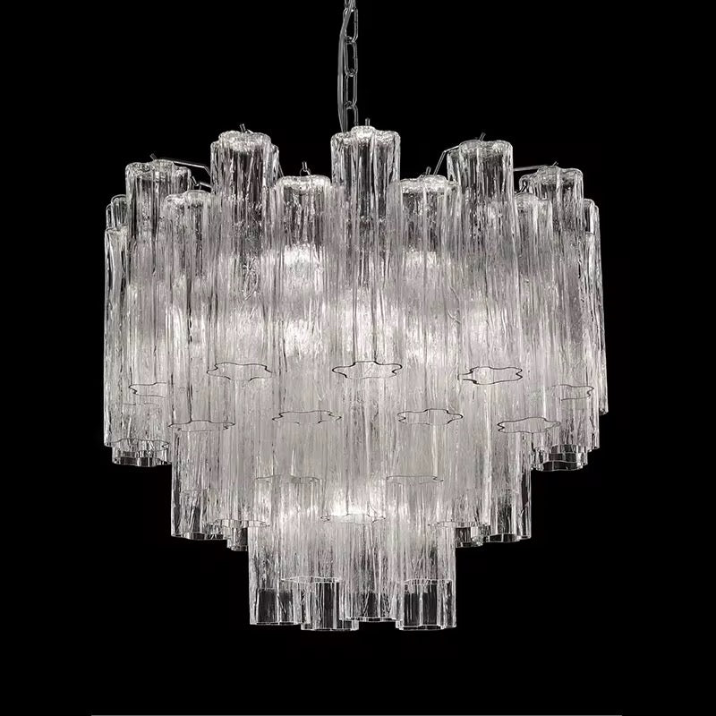 Clear ribbed glass tiered chandelier with multiple layered textured glass shades