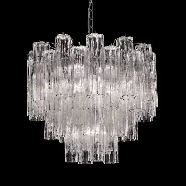 Clear ribbed glass tiered chandelier with multiple layered textured glass shades
