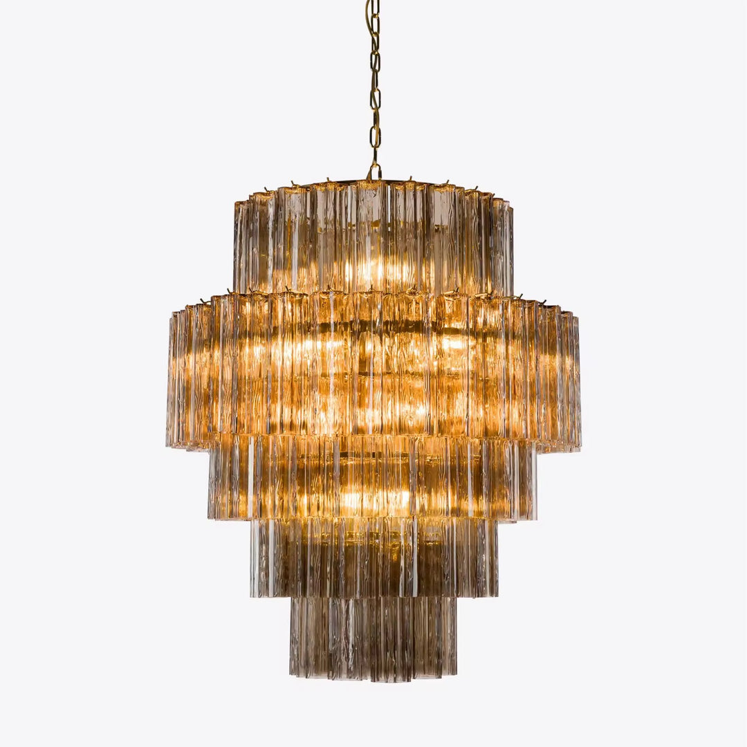 Amber ribbed glass tiered chandelier with multiple layered textured glass shades