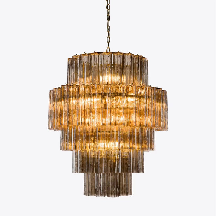 Amber ribbed glass tiered chandelier with multiple layered textured glass shades