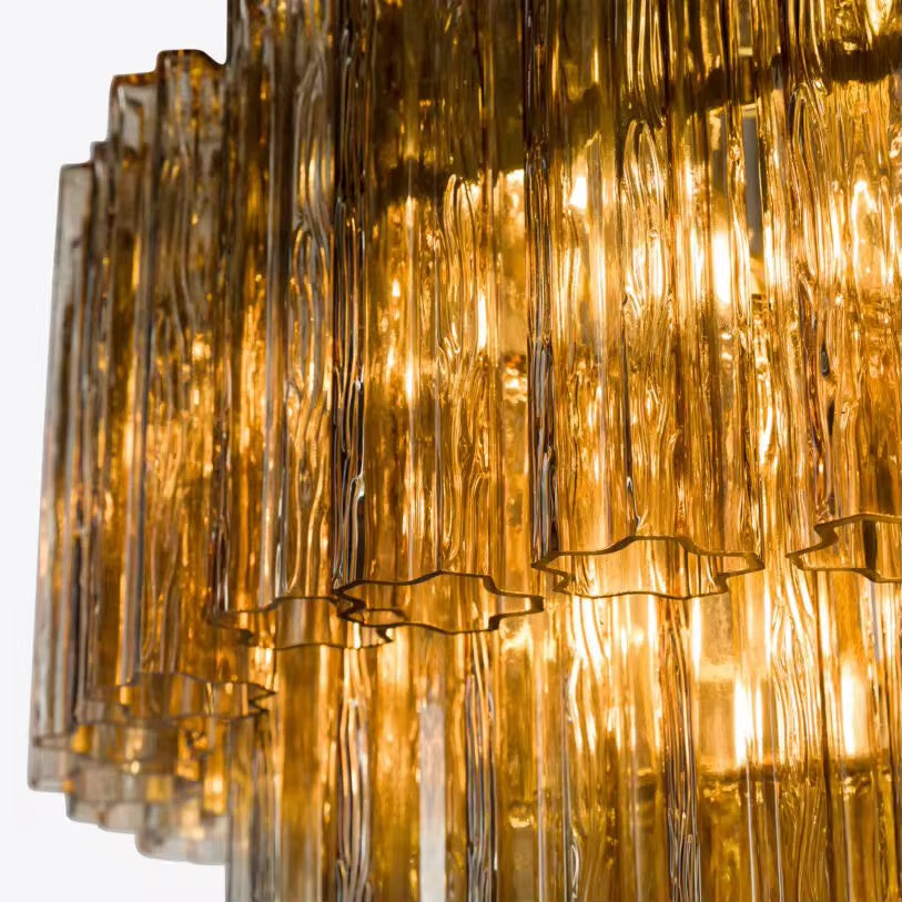 Light Grey Ribbed Glass Tiered Chandelier