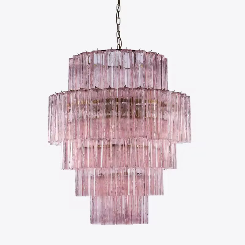 Modern pink glass tiered chandelier with cascading layered transparent glass shades