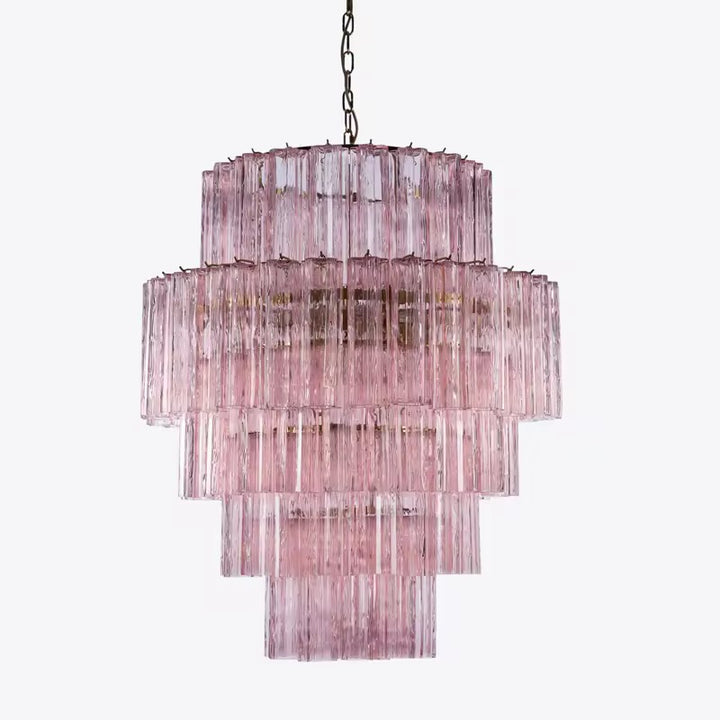 Modern pink glass tiered chandelier with cascading layered transparent glass shades
