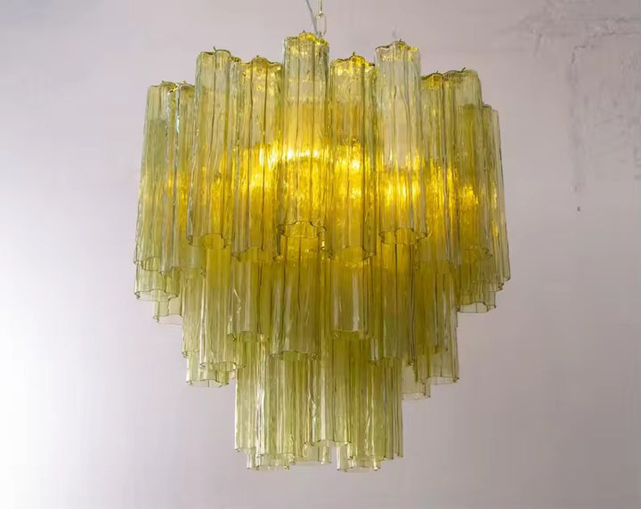 Modern Tiered Glass Chandelier with Cascading Amber Tubes