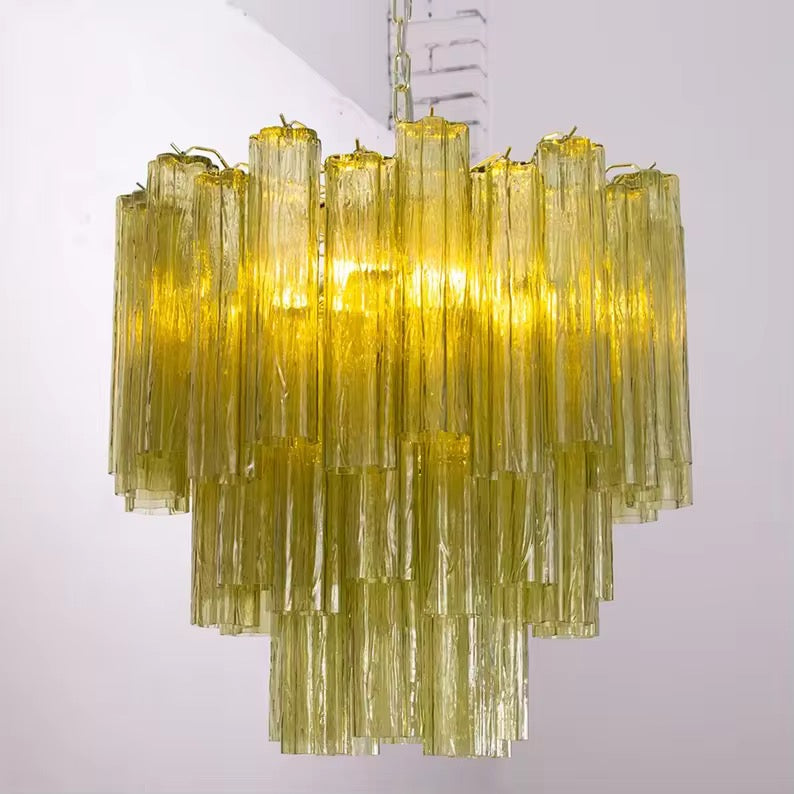Modern Tiered Glass Chandelier with Cascading Amber Tubes