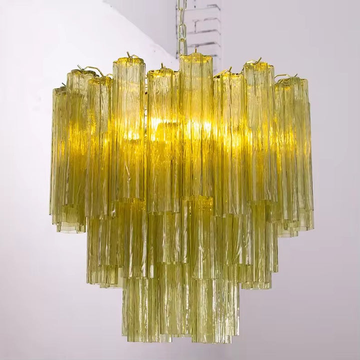 Modern Tiered Glass Chandelier with Cascading Amber Tubes