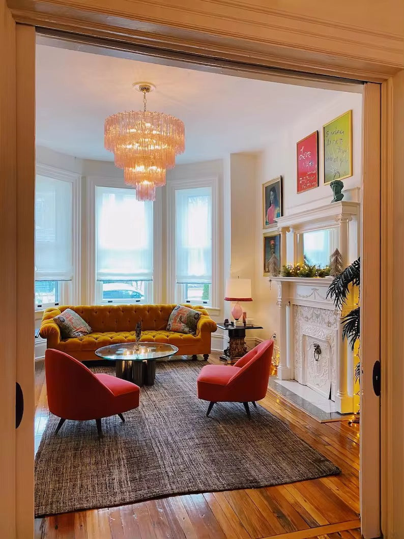 Cascading Amber Glass Tiered Chandelier
