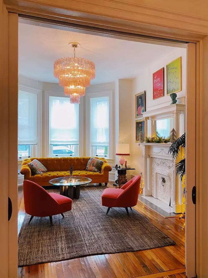 Cascading Amber Glass Tiered Chandelier