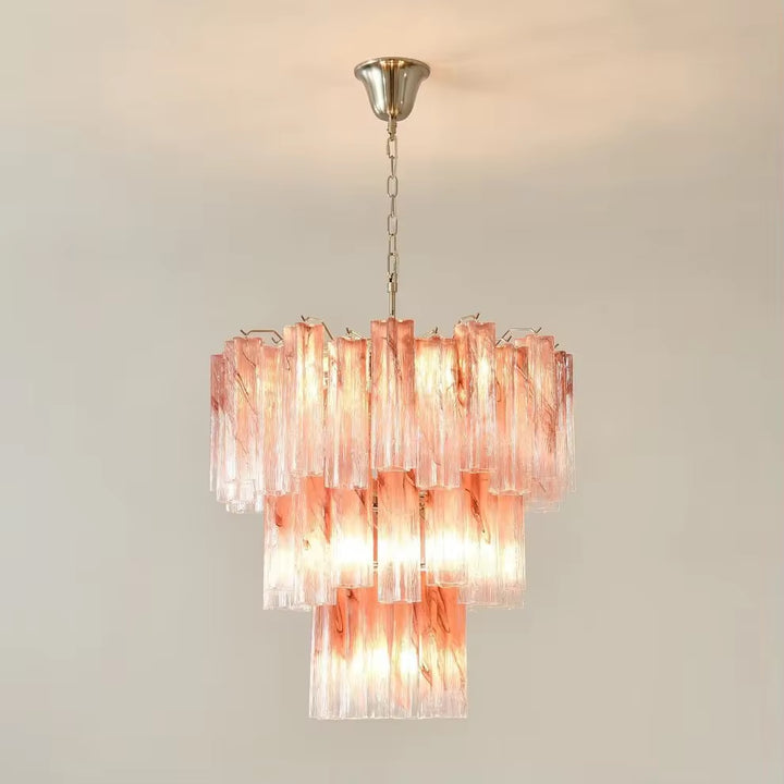 Peach textured glass tiered chandelier with layered vertical glass shades