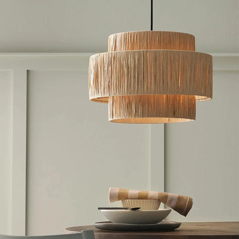 Layered Pendant Light with Woven Natural Shade