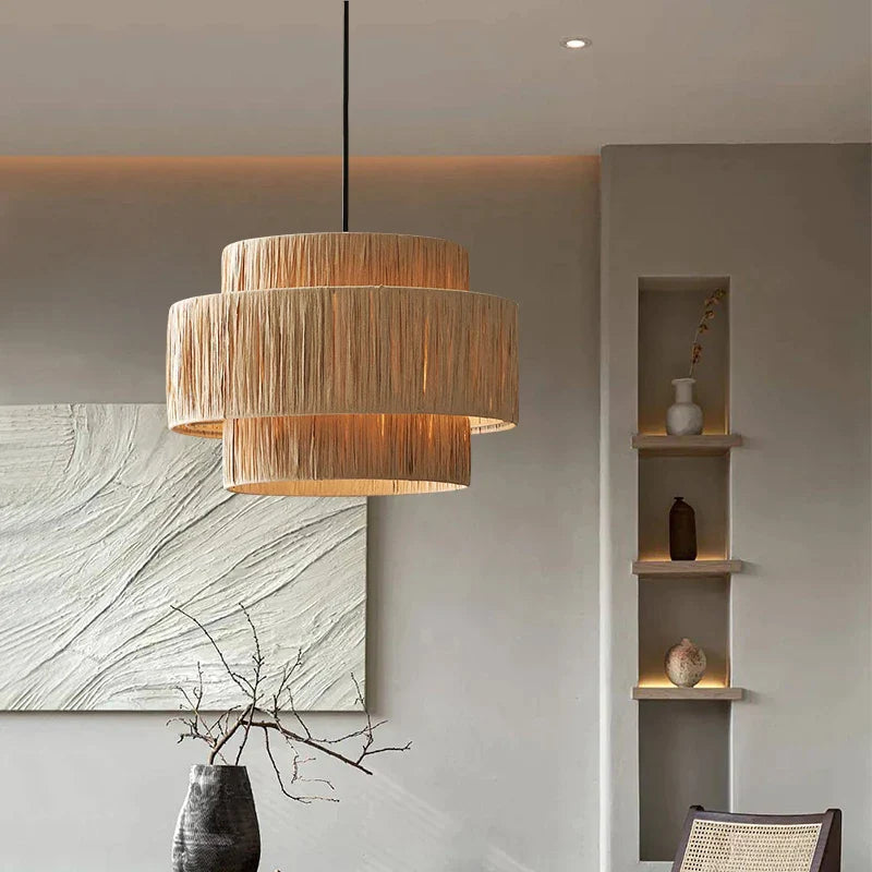 Layered Pendant Light with Woven Natural Shade