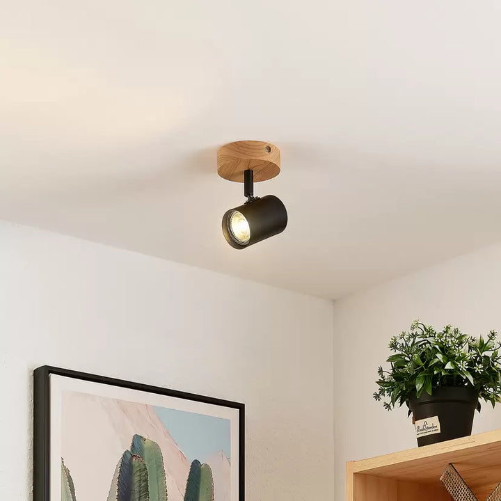 Modern Spotlight with Black Head and Wooden Base