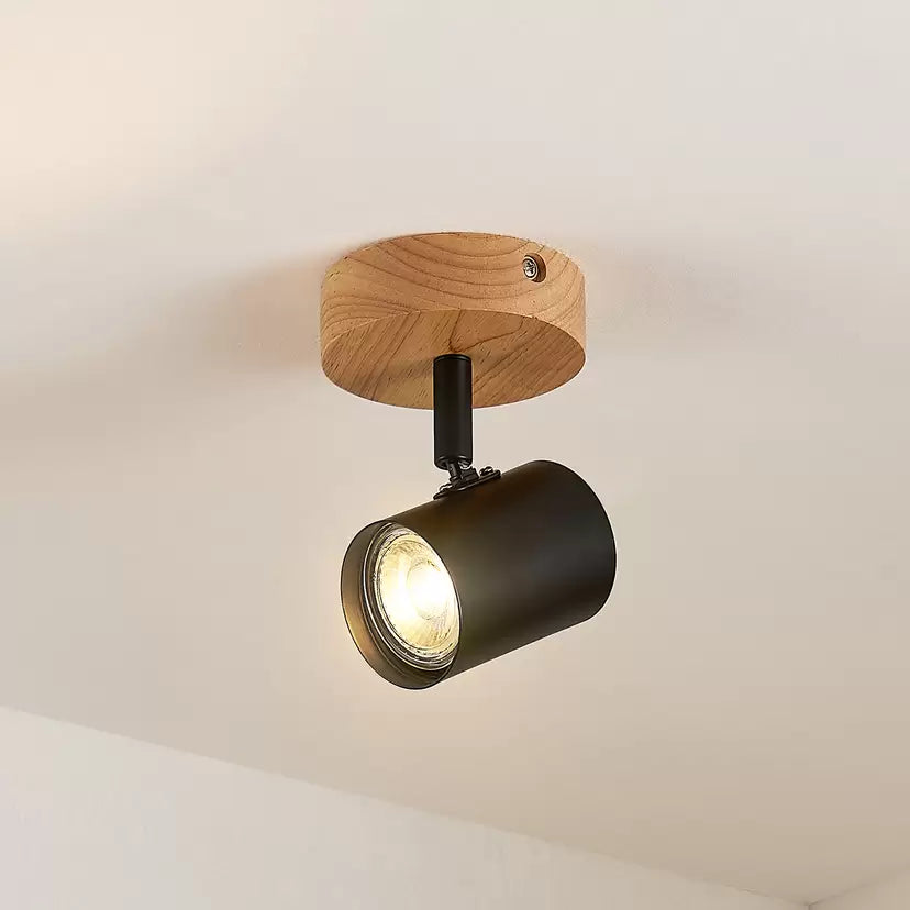 Modern Spotlight with Black Head and Wooden Base