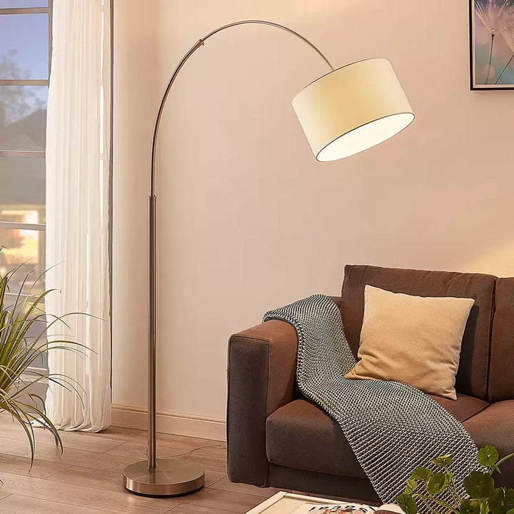 Modern Arc Floor Lamp with White Drum Shade