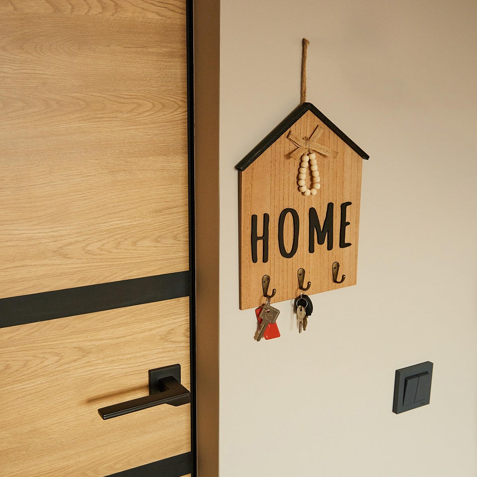 Rustic Wooden HOME Wall Plaque with Hooks - Key Holder & Entryway Decor