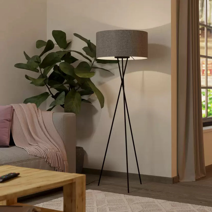 Modern Tripod Floor Lamp with Gray Shade and Black Frame