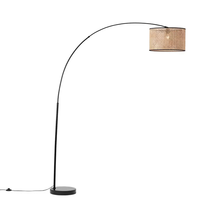 Rustic Arc Floor Lamp with Woven Shade and Black Base