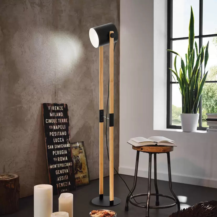 Scandinavian Wooden Floor Lamp with Adjustable Black Shade