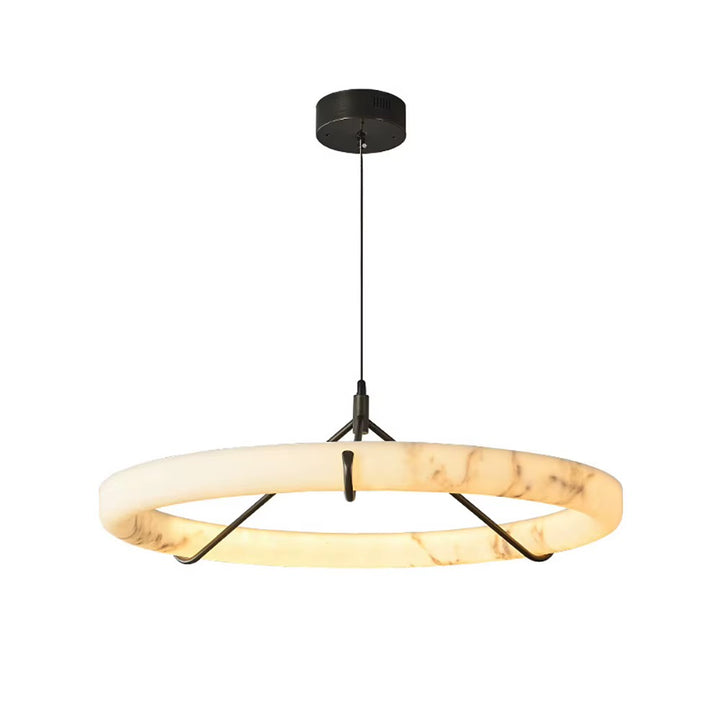 Modern circular alabaster ring pendant light with natural veining and a black metal support frame