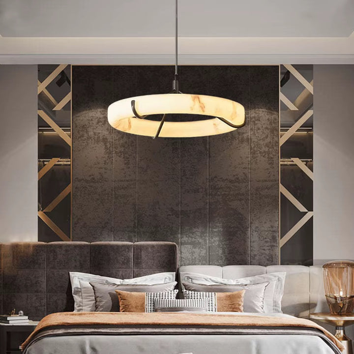 Modern Alabaster Ring Pendant Light with Black Metal Frame