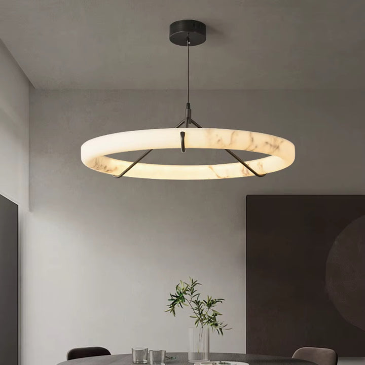 Modern Alabaster Ring Pendant Light with Black Metal Frame