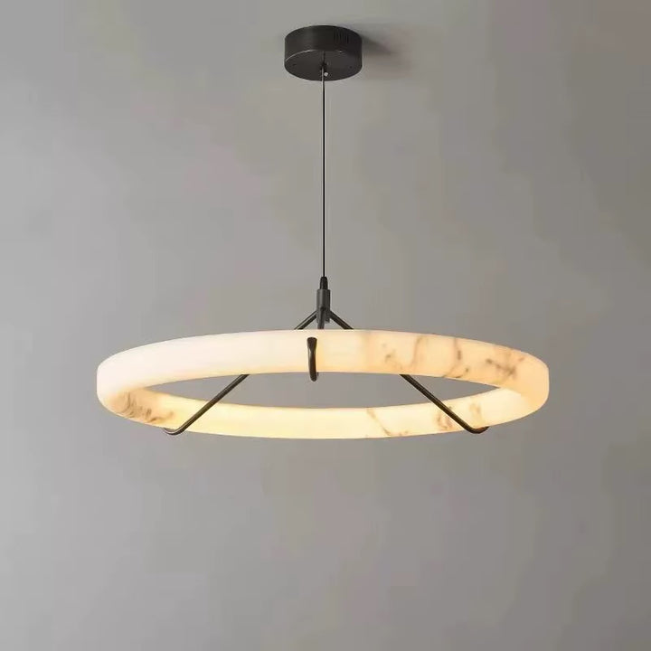 Modern Alabaster Ring Pendant Light with Black Metal Frame