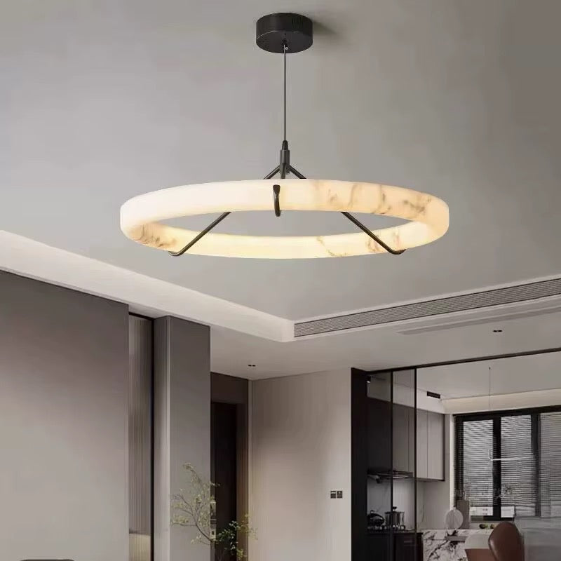 Modern Alabaster Ring Pendant Light with Black Metal Frame