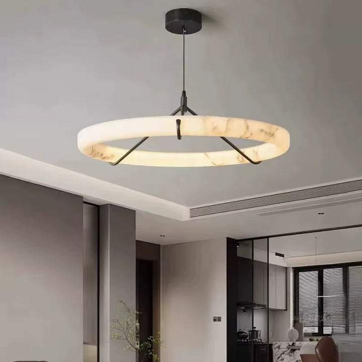 Modern Alabaster Ring Pendant Light with Black Metal Frame
