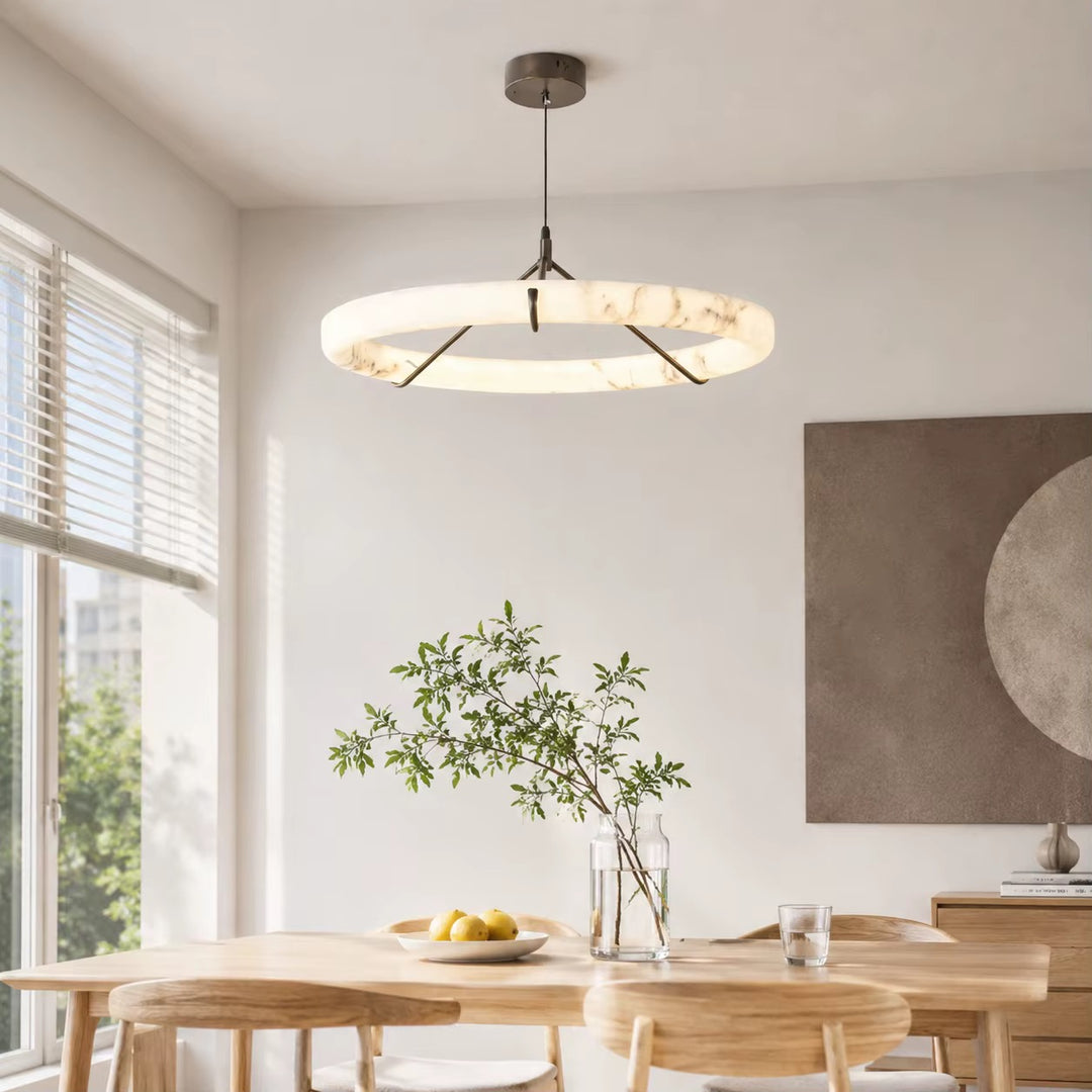 Modern Alabaster Ring Pendant Light with Black Metal Frame