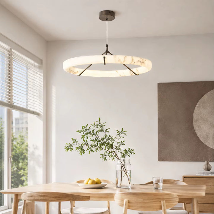 Modern Alabaster Ring Pendant Light with Black Metal Frame