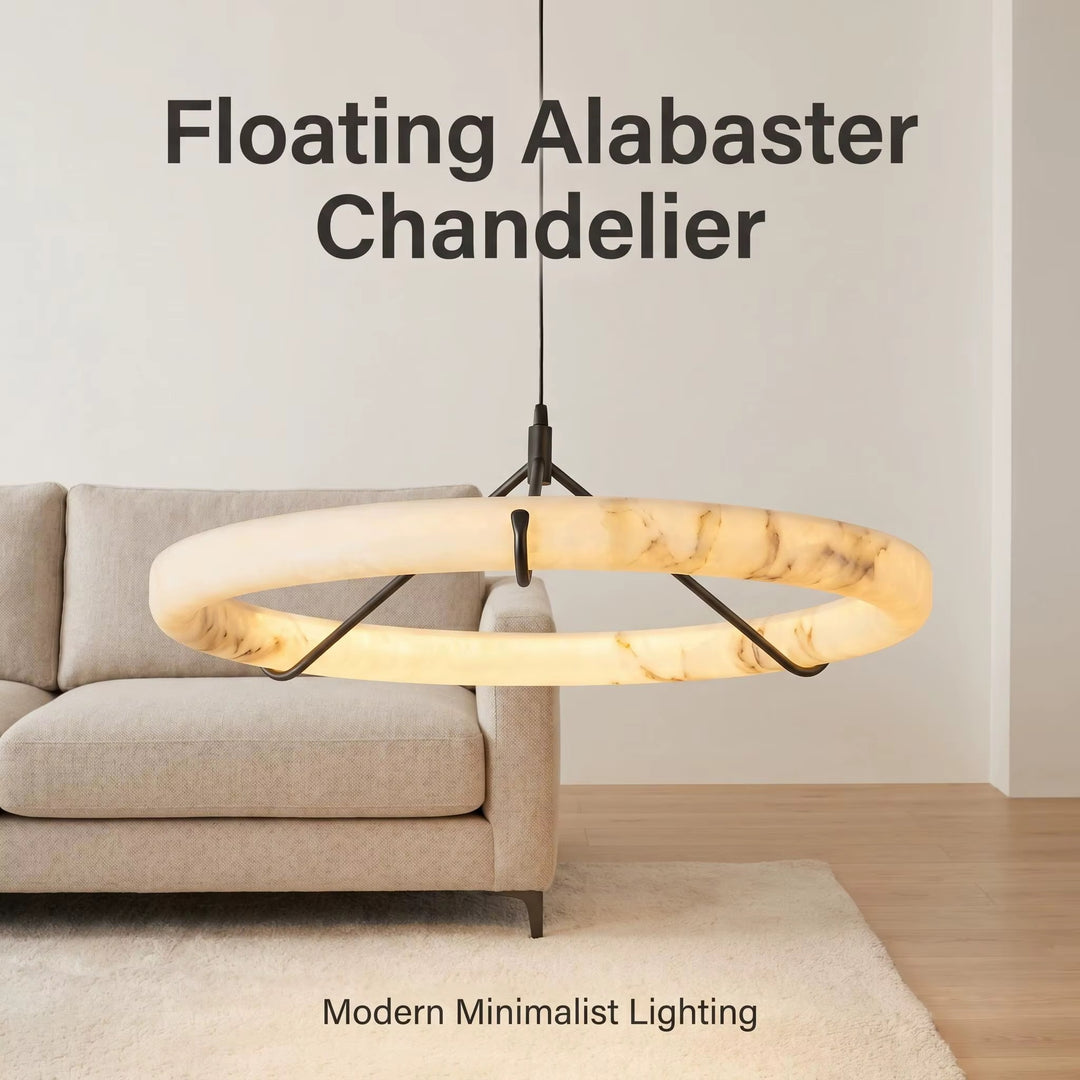 Modern Alabaster Ring Pendant Light with Black Metal Frame
