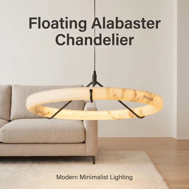 Modern Alabaster Ring Pendant Light with Black Metal Frame