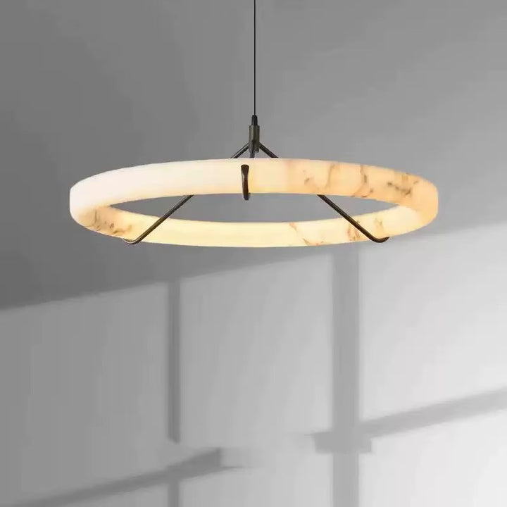 Modern Alabaster Ring Pendant Light with Black Metal Frame