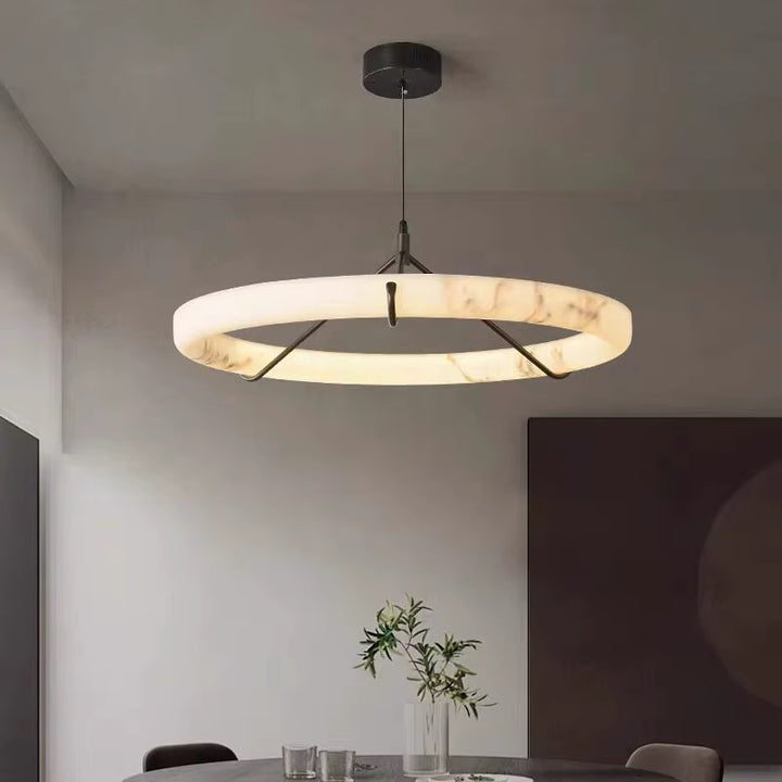 Modern Alabaster Ring Pendant Light with Black Metal Frame