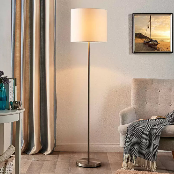 Modern Floor Lamp with White Fabric Shade and Metal Base