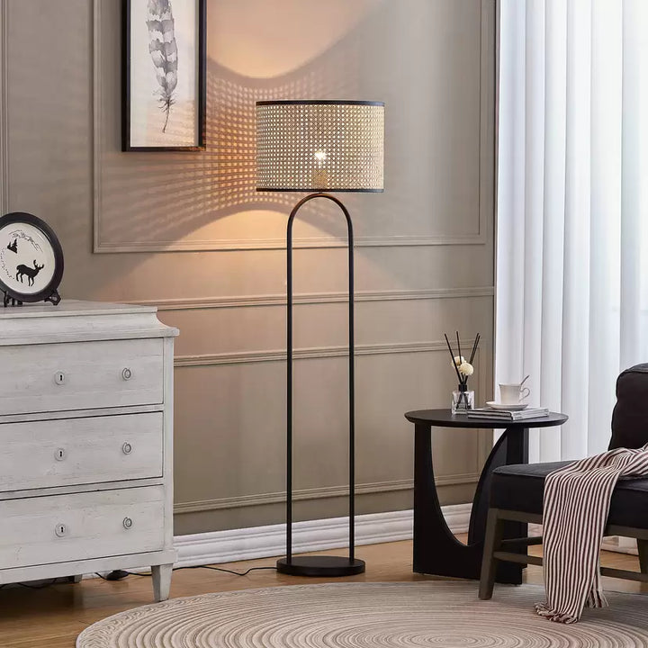 Modern Floor Lamp with Mesh Drum Shade and Black Base