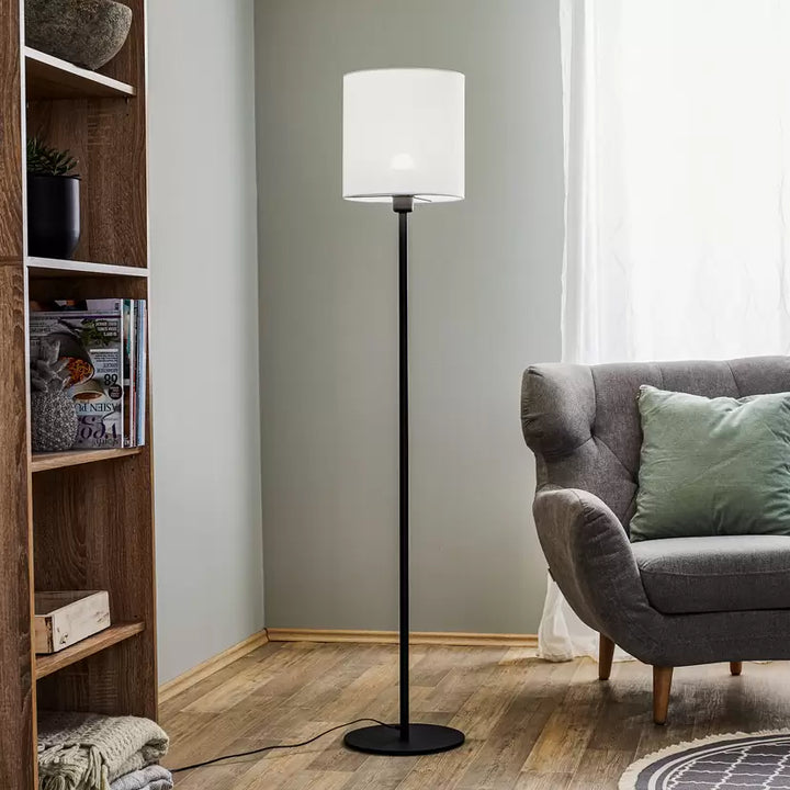 Modern Floor Lamp with White Fabric Shade and Black Base