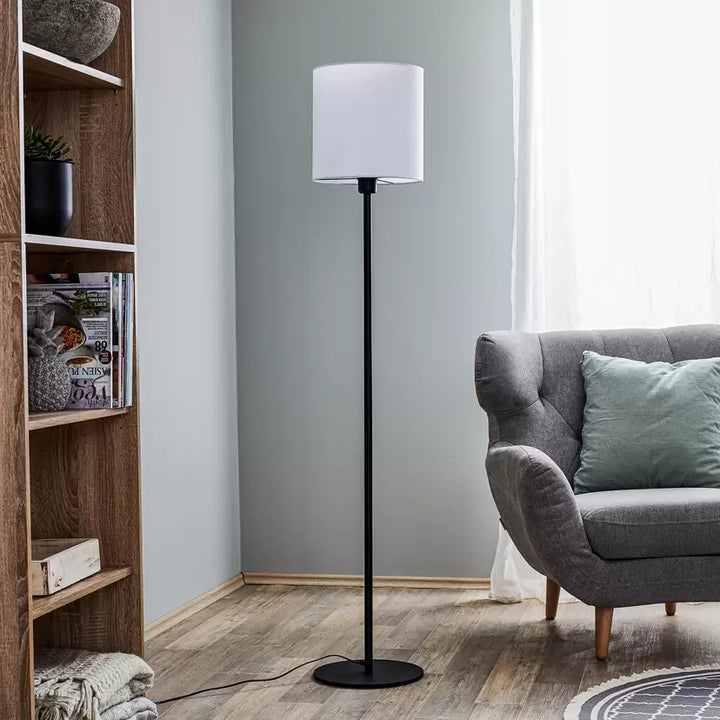 Modern Floor Lamp with White Fabric Shade and Black Base