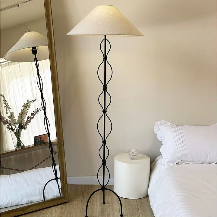 Black Metal Loop Floor Lamp with Beige Fabric Shade
