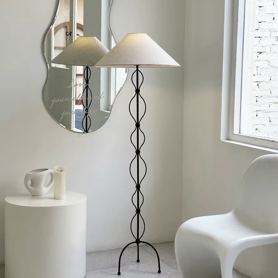 Black Metal Loop Floor Lamp with Beige Fabric Shade